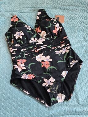 Black Floral One-Piece Swimsuit with Pink & Coral Blooms